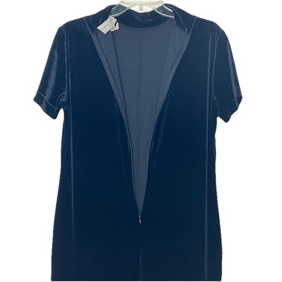 VTG Casual Corner Velvet Body Suit Navy Blue Sz Large Zipper Back Short Sleeve - Picture 9 of 9